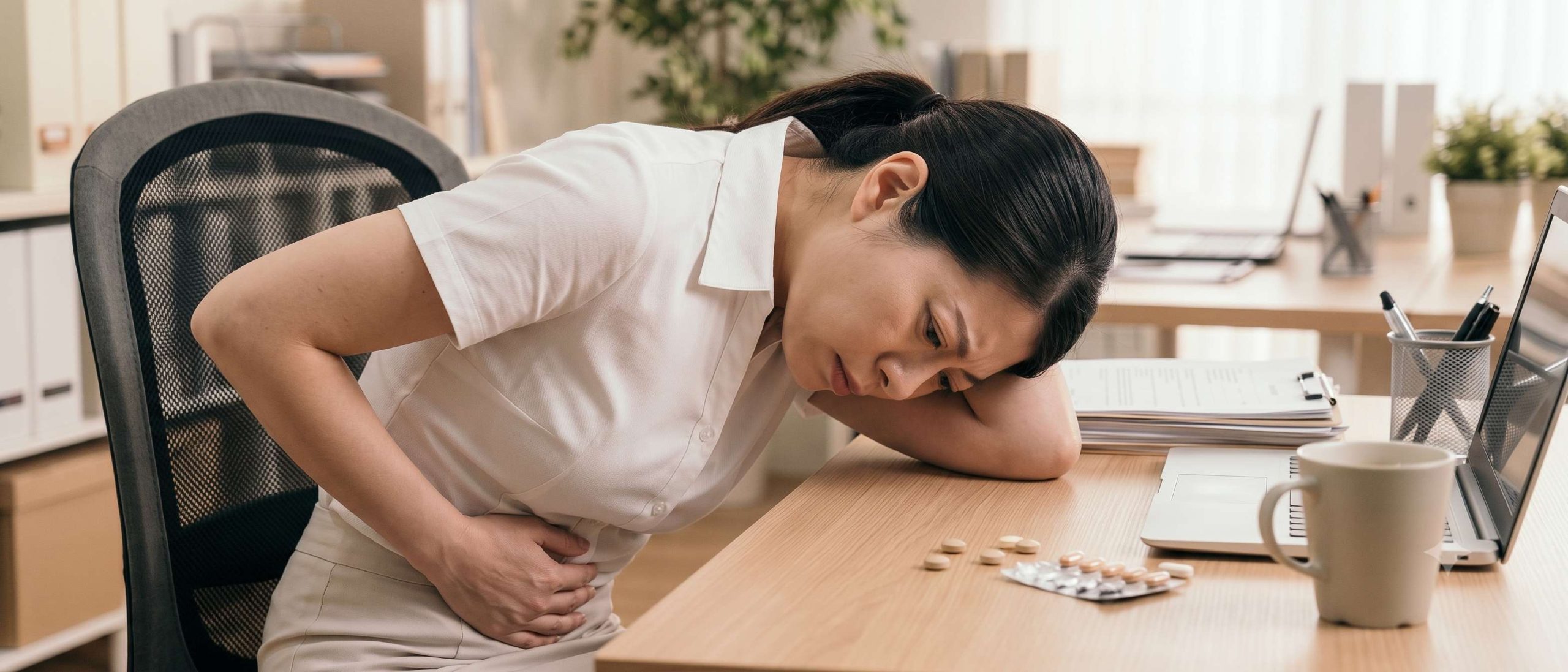 上班族女性生理期反覆劇烈經痛，伴隨腰痠、頭痛與嚴重疲憊感，即使每個月狂吃止痛藥仍難以緩解身體不適。