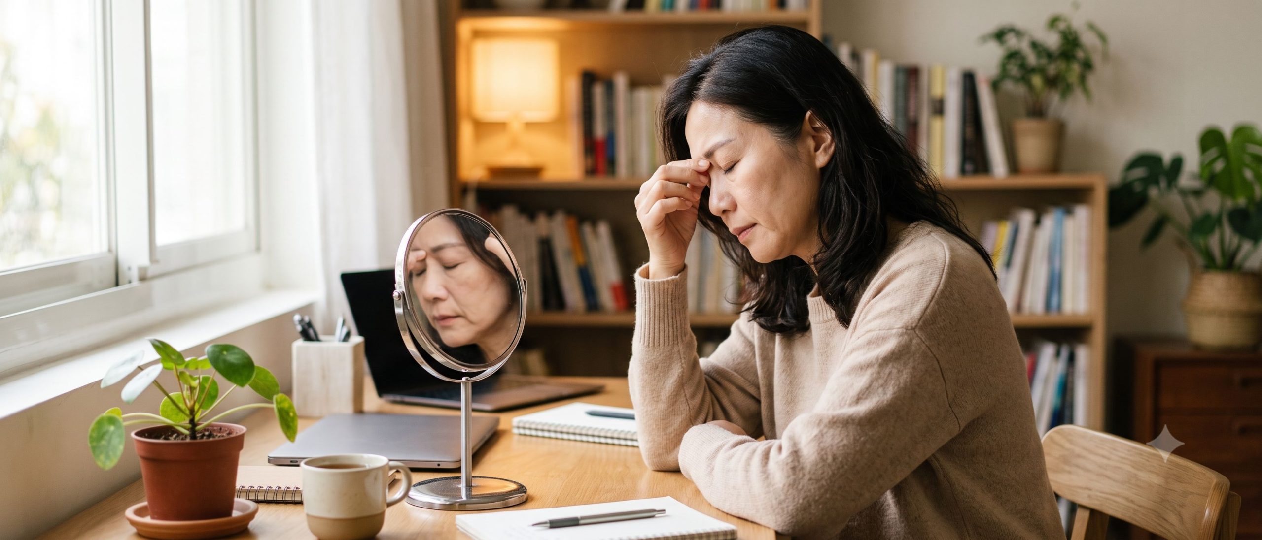 熟齡女性因長期壓力導致頭痛疲憊與面部法令紋加深鬆弛