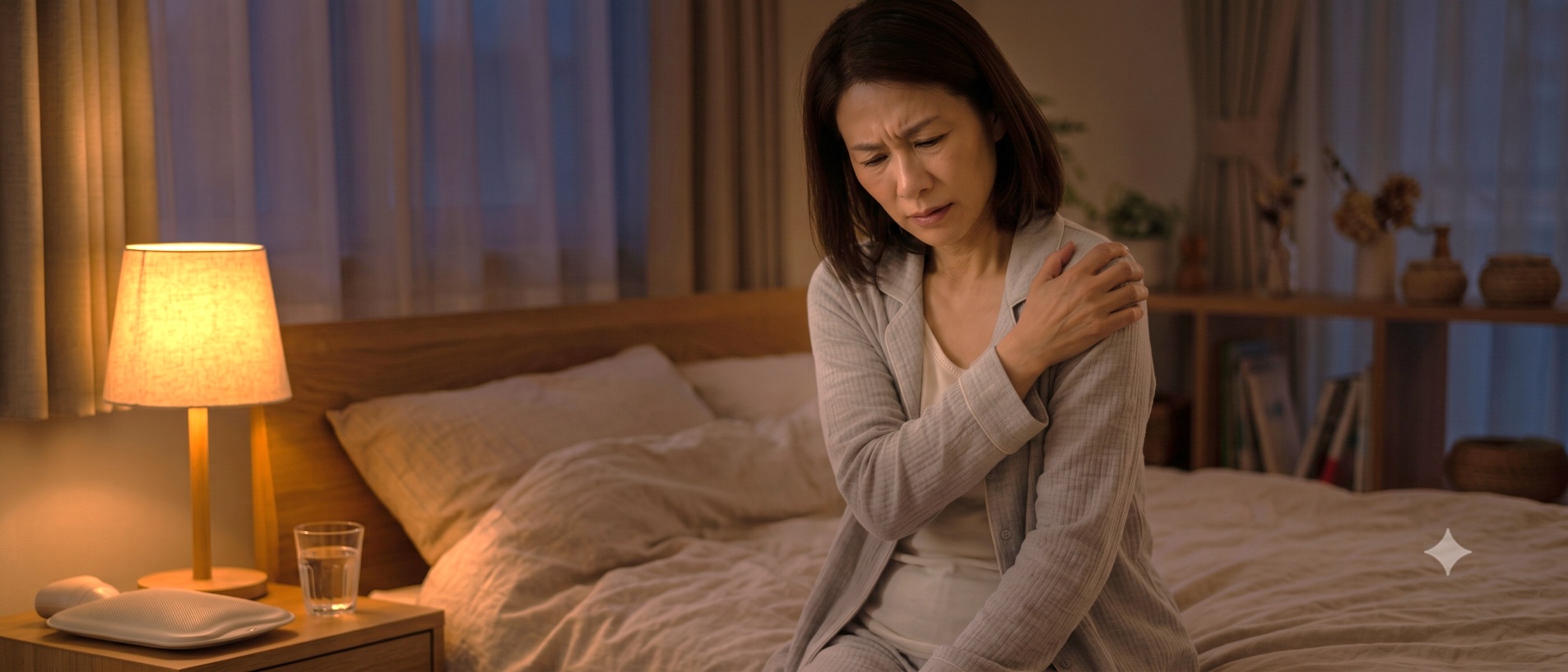 五十肩常見症狀包含肩膀周圍緊繃、夜間翻身痛醒，且伴隨手臂外展與向後伸手受限，連日常穿衣、扣安全帶都十分吃力。