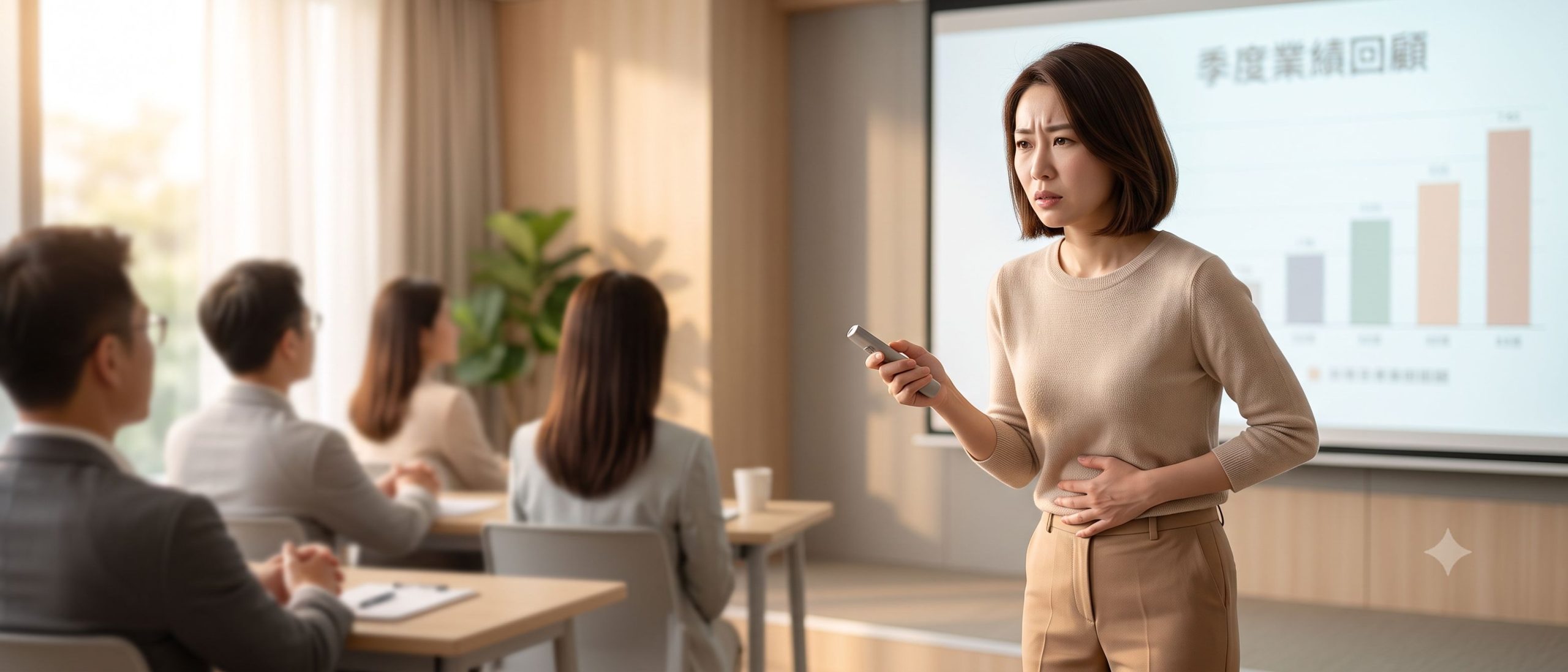 上班族女性因職場工作壓力大、睡眠品質差，導致生理期腹部疼痛加劇、月經週期紊亂與月經不規則。