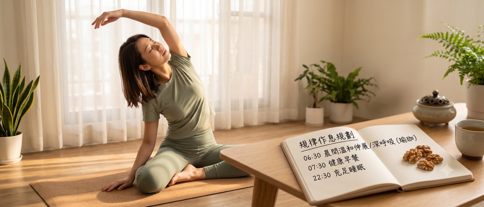 透過規律作息、充足睡眠與溫和伸展運動，釋放壓力並改善肝鬱體質